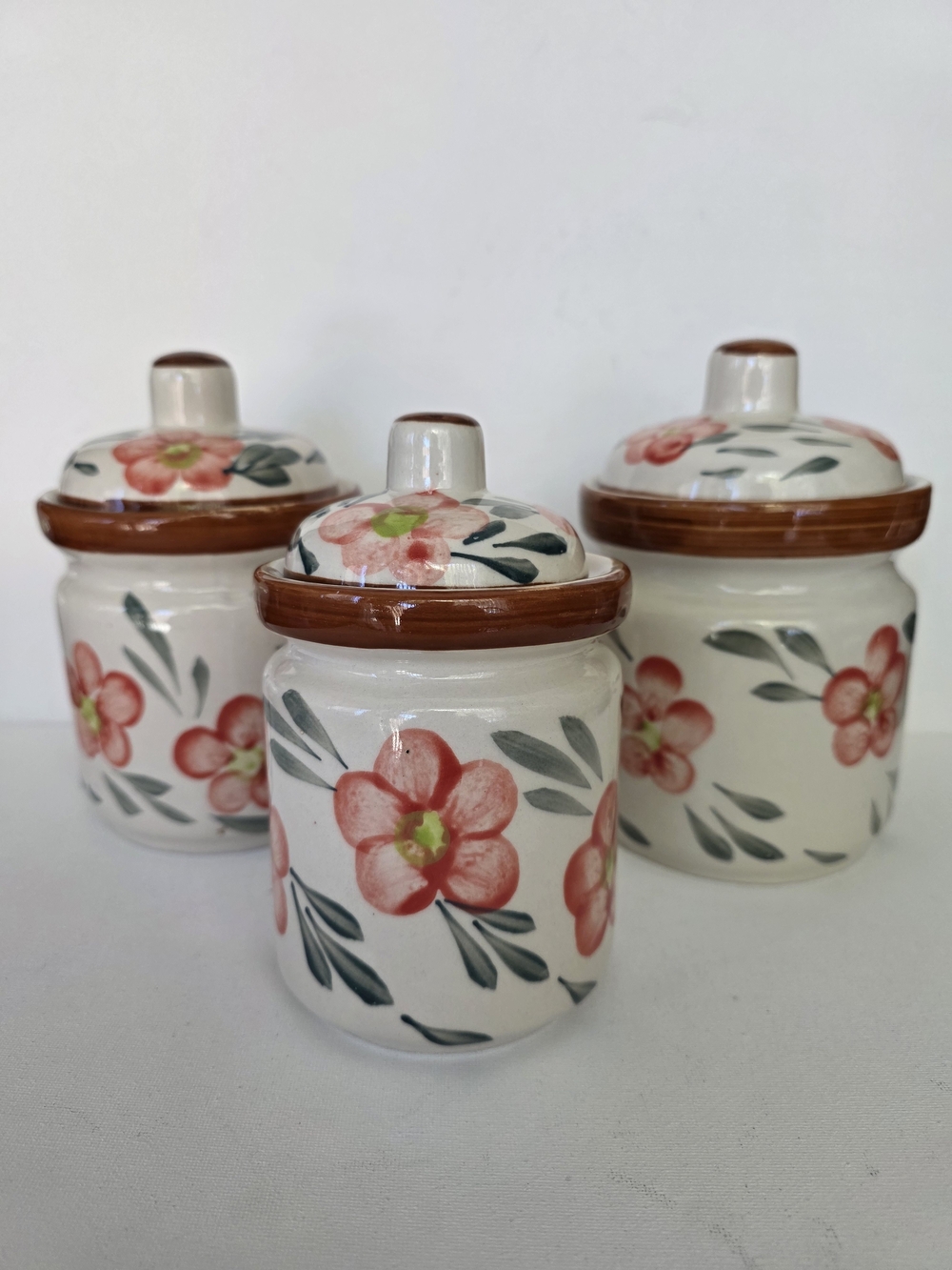 Vintage Hand-Painted Floral Ceramic Canister - Coral Flowers.